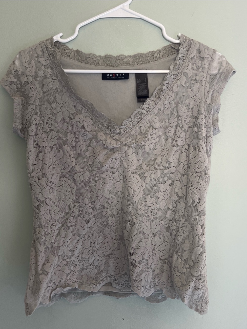 Axcess Vintage Liz Claiborne Grey Lace Cap Sleeve Shirt Summer Fairy Core Size S